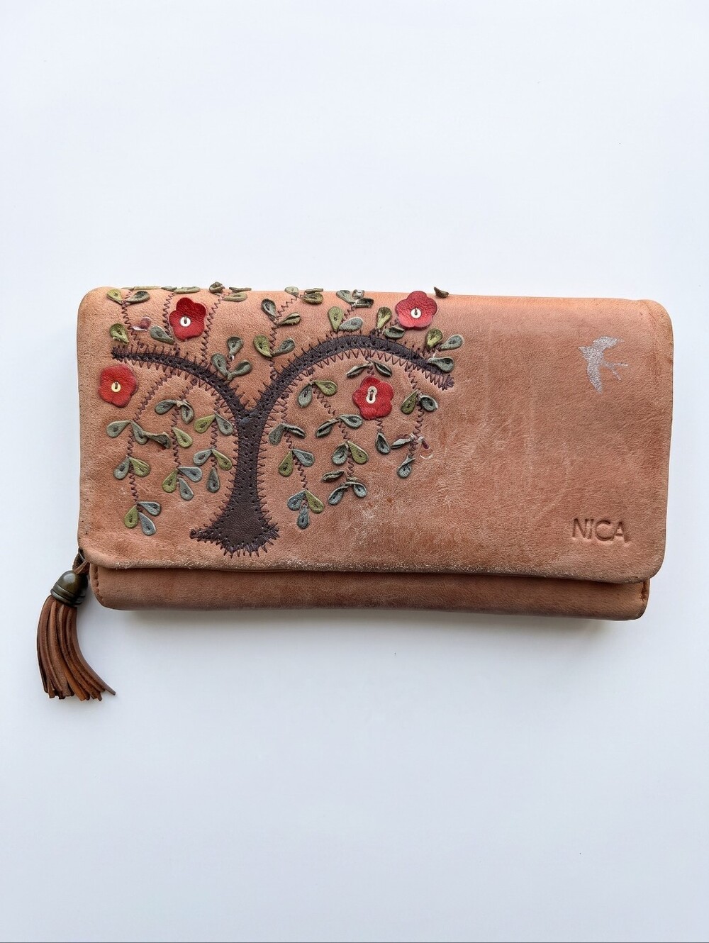 Nica Brown Leather Wallet Vintage Boho Whimsical Zip Around